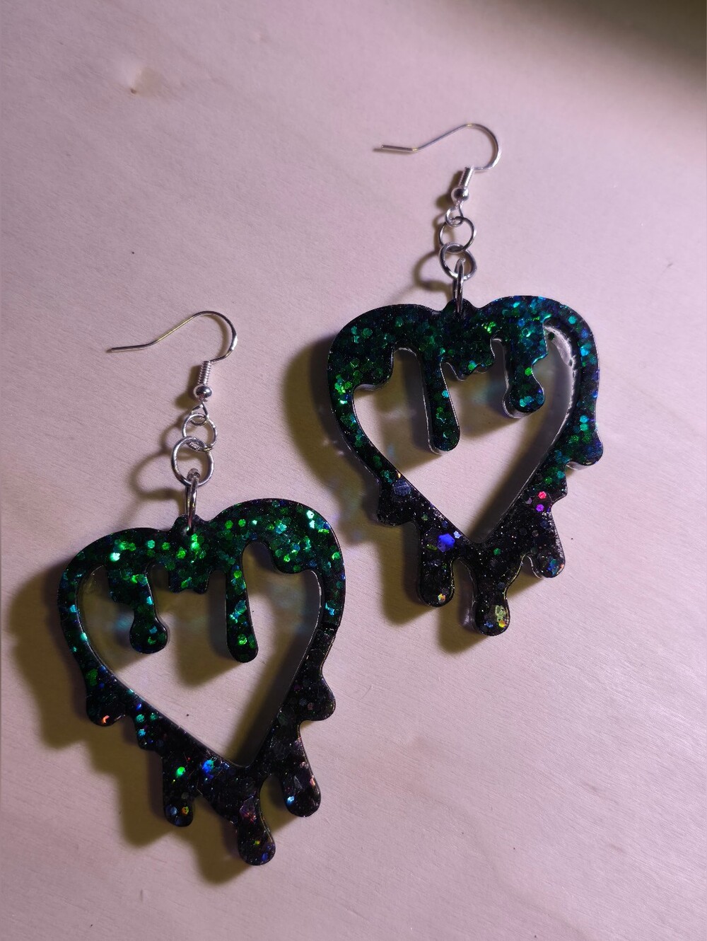 Green Glitter Dripping Heart Earrings | Goth Alt Resin Dangles - Picture 2 of 3